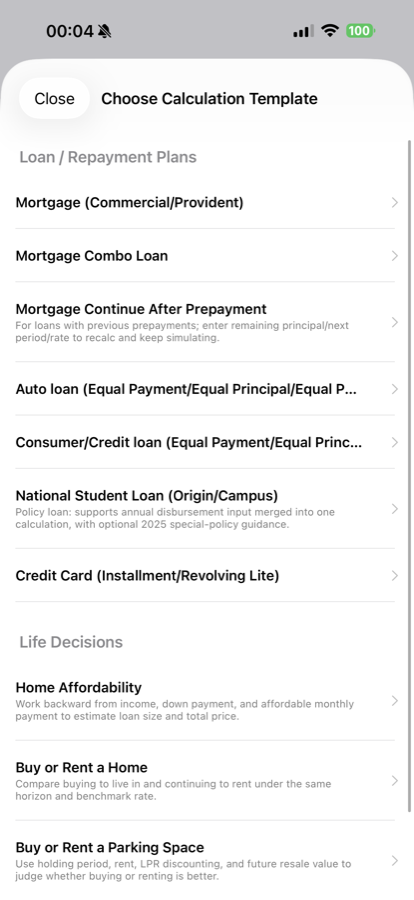 Repayment Calculator template selection screen showing mortgage, auto loan, student loan, credit card, and life-decision scenarios
